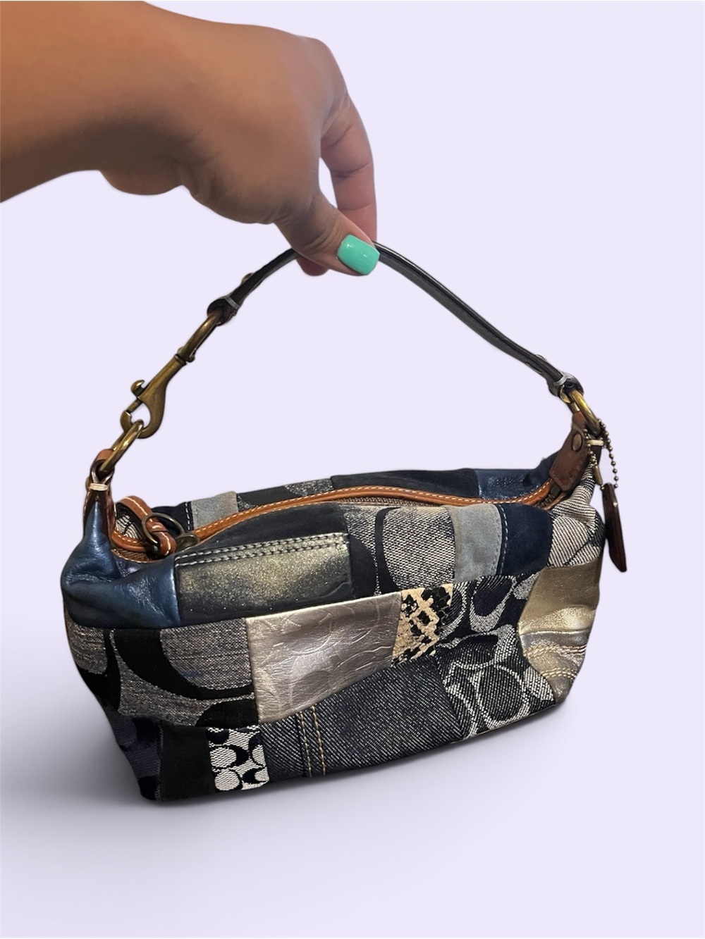 Coach Patchwork Mini Shoulder Bag in Navy, Gray, Black and Tan